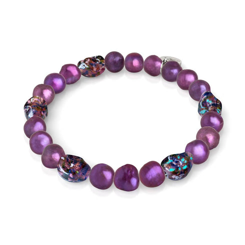 Violet Shadows | Bracelet en argent sterling 925 avec perles d'eau douce violettes et tête de mort en verre Firefly